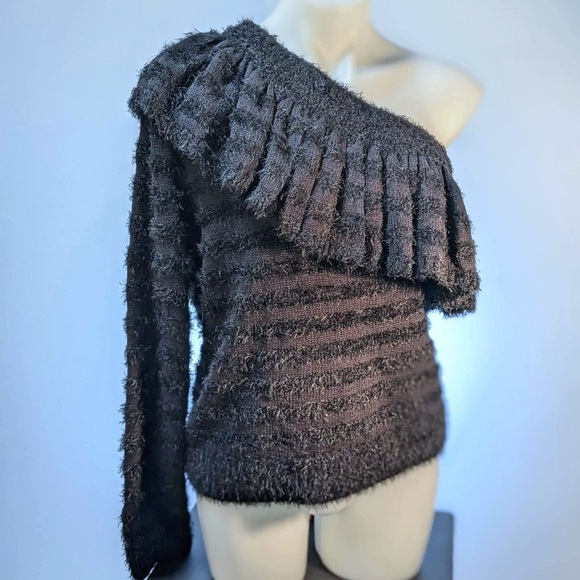 NWT WAYF JOHNIE RUFFLED SHADOW STRIPE ONE SHOULDER SWEATER - Large - Picture 6 of 7